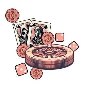 Bild med tärningar, spelkort och roulettehjul som illustrerar olika casinospel. I bilden syns också spelmarker
