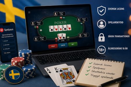 Illustration av poker online med svensk licens, med laptop, pokerbord, spelmarker, Spelpaus i mobilen och symboler för trygghet, åldersgräns och säkra transaktioner.
